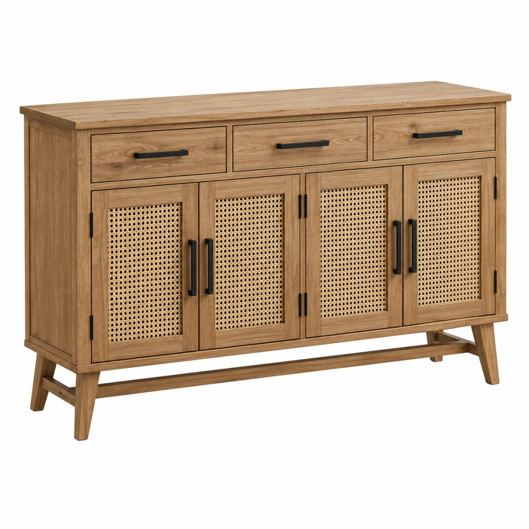 Buffet 160 x 40 x 90 cm bois brun avec cannage rangement style bohème