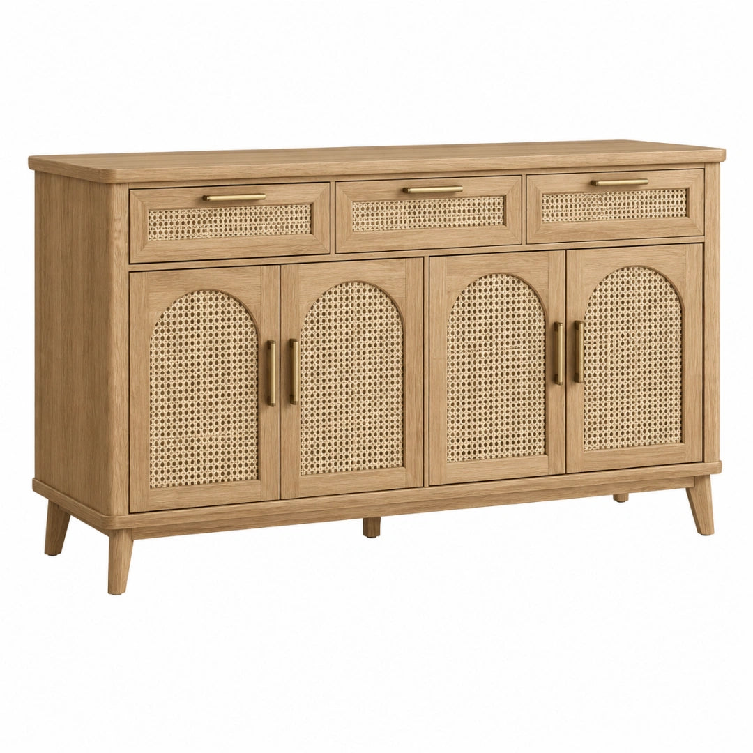Buffet 160 x 45 x 85 cm en bois naturel et cannage style vintage avec rangement