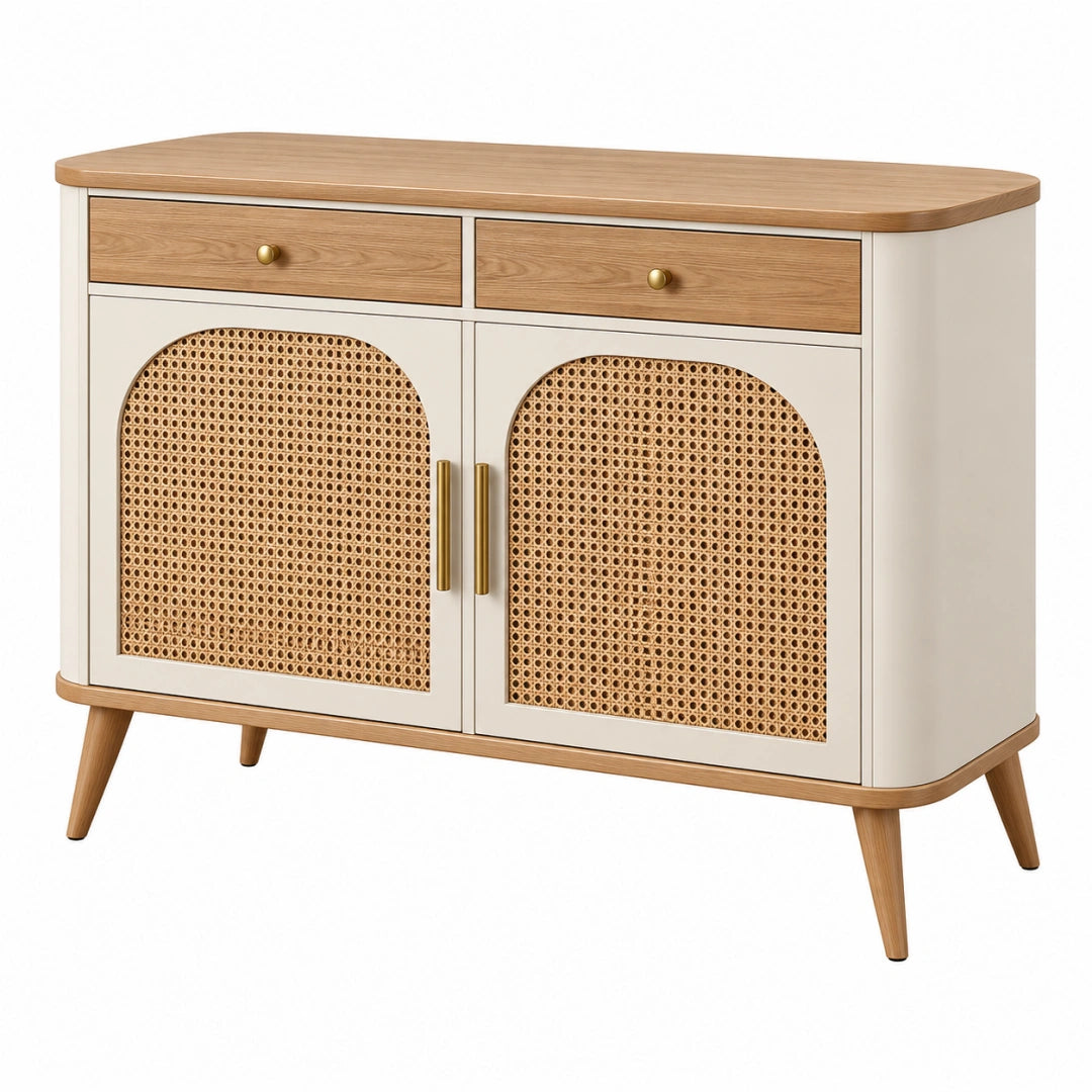 Buffet 120 x 40 x 80 cm en bois blanc naturel avec cannage style rétro