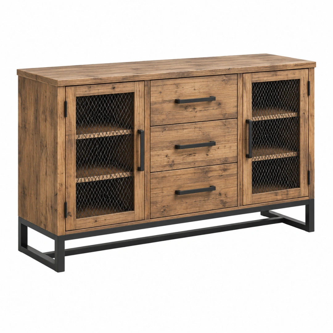 Buffet 150 x 40 x 90 cm bois marron et métal noir industriel avec 3 tiroirs et 2 portes