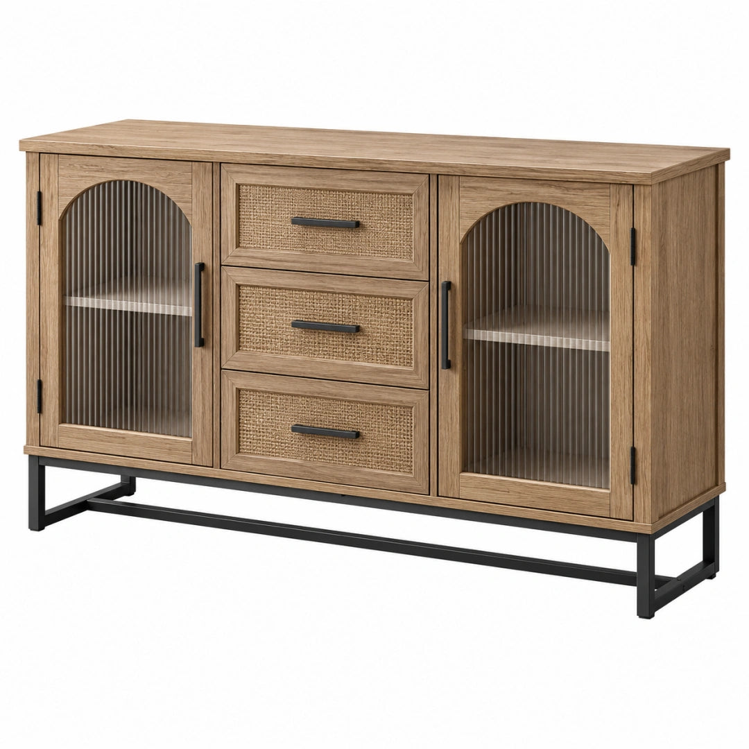 Buffet de rangement 140 x 40 x 85 cm panneaux aspect bois brun verre strié style industriel