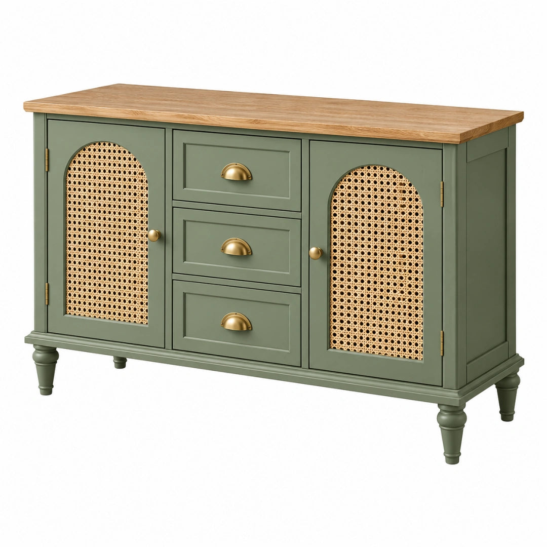 Buffet de rangement 140 x 40 x 85 cm vert et bois avec cannage