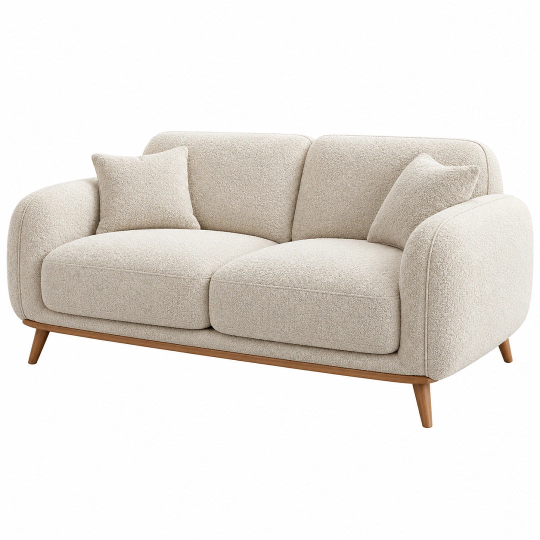 Canapé 2 places 170 cm en tissu bouclette beige - pieds en bois style contemporain