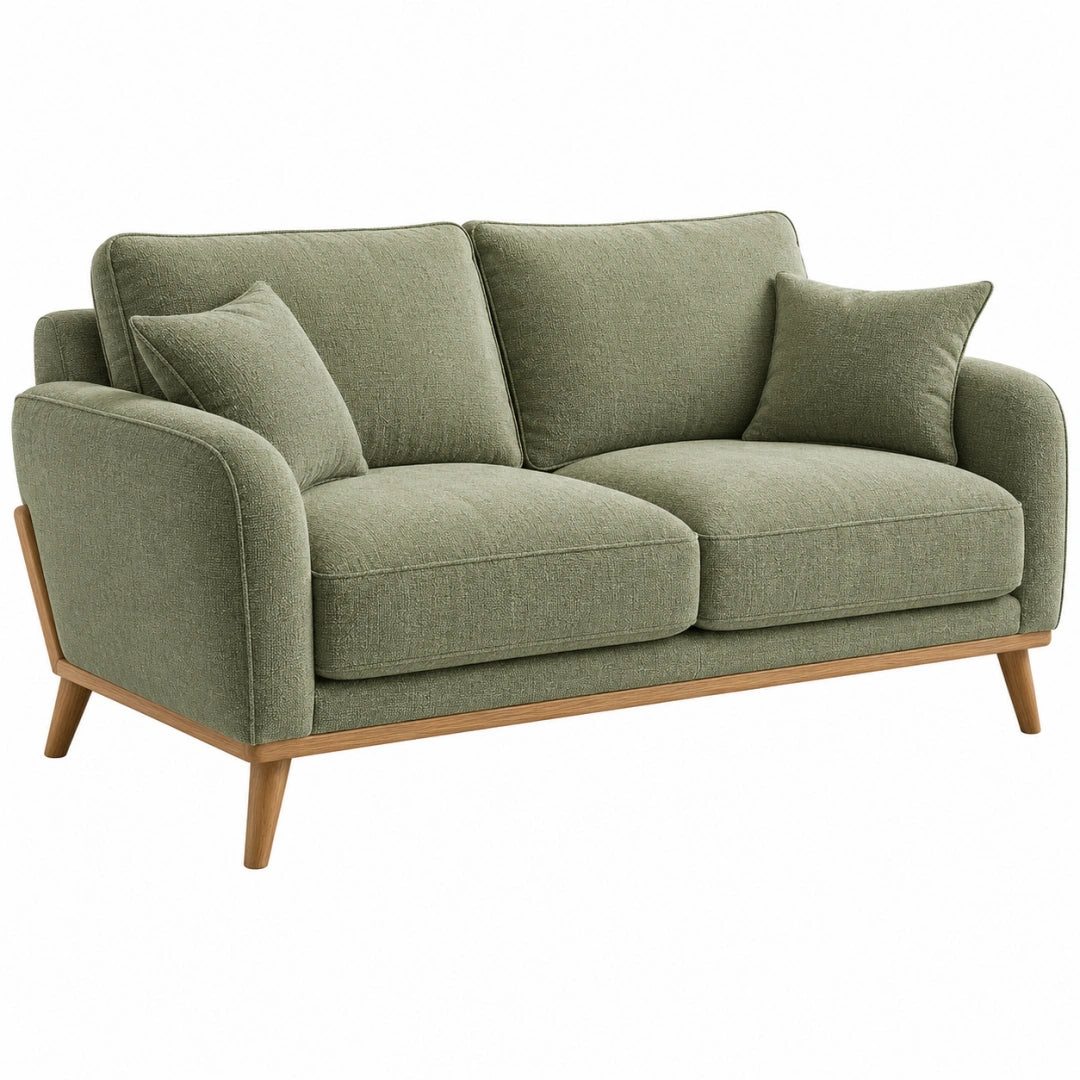 Canapé 2 places 160 cm en tissu vert pieds en bois style scandinave