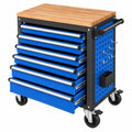 Servante d'atelier 78 x 46 x 97 cm en acier bleu noir avec plan de travail en bois et 6 tiroirs