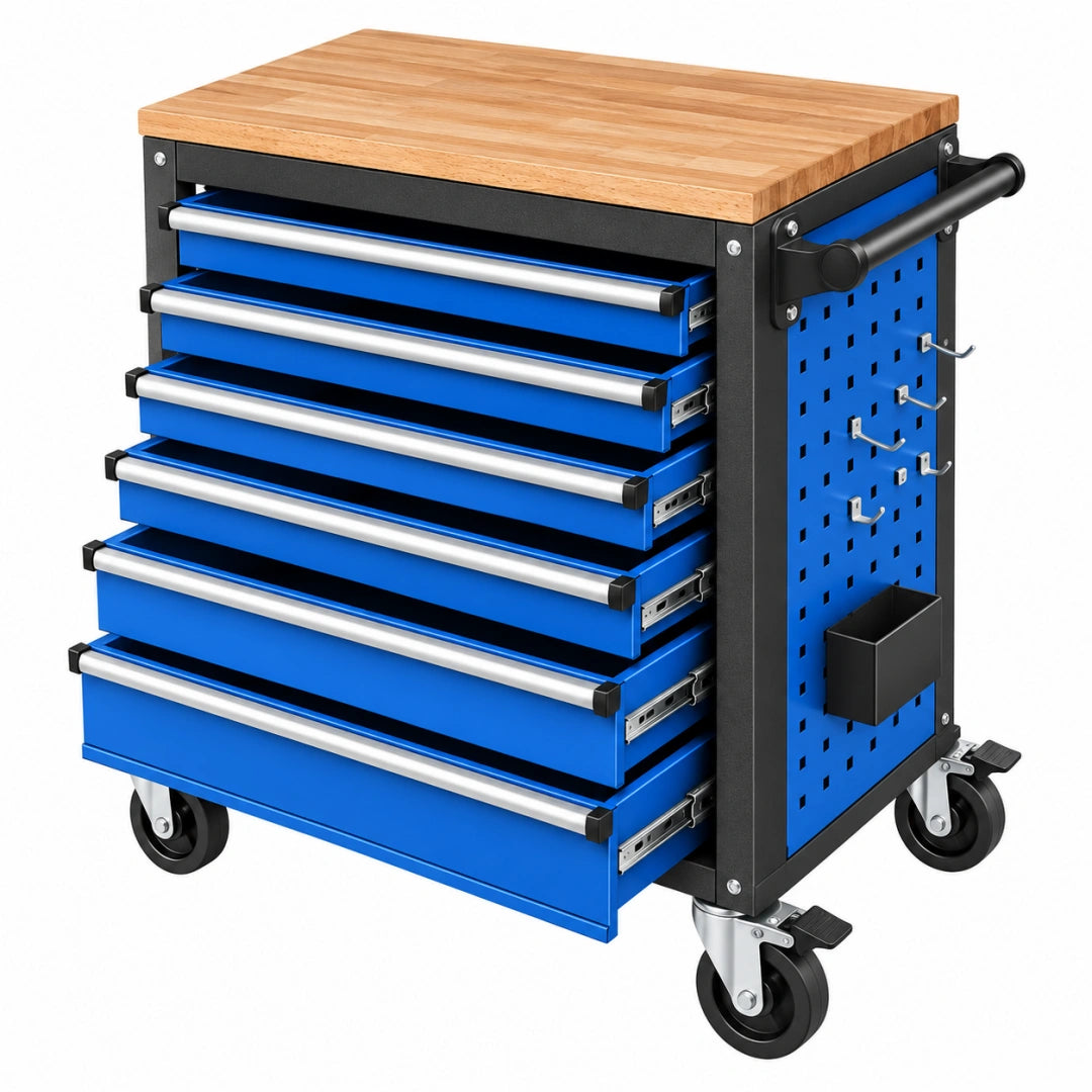 Servante d'atelier 78 x 46 x 97 cm en acier bleu noir avec plan de travail en bois et 6 tiroirs