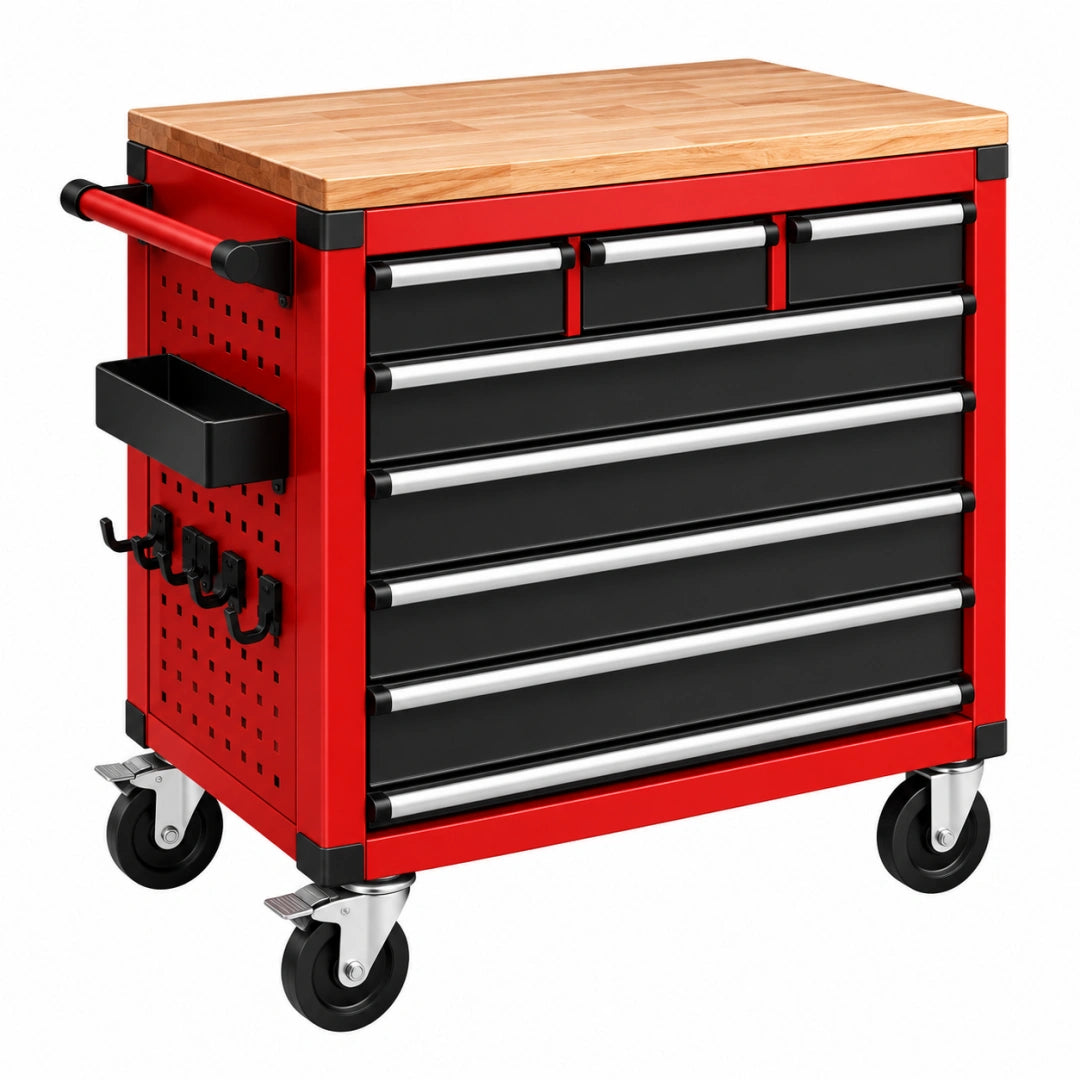 Servante d atelier 76 x 46 x 96 cm en acier rouge et noir avec plan de travail en bois et 7 tiroirs