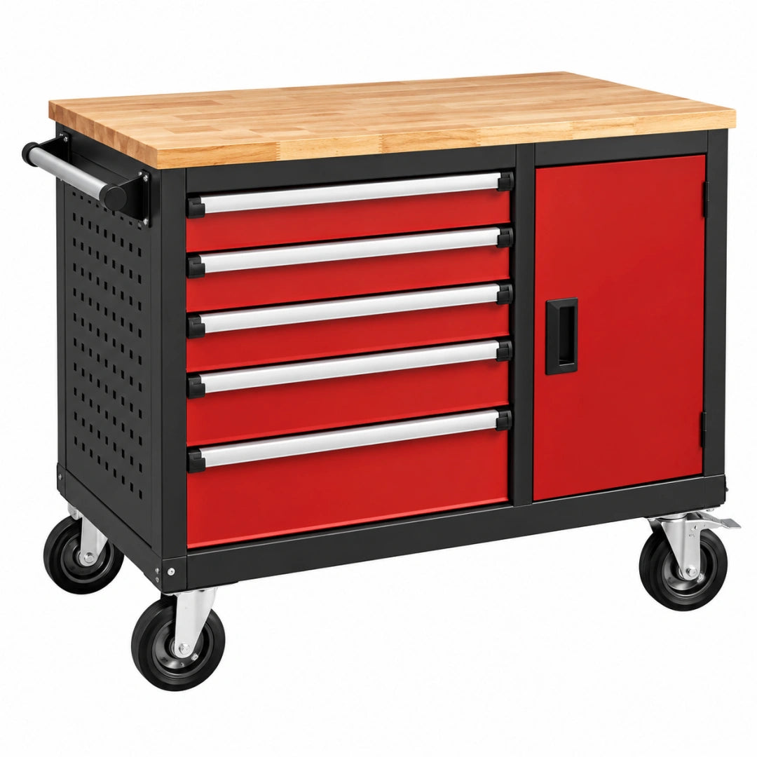 Servante d atelier 100 x 50 x 95 cm en acier noir et rouge avec plan de travail en bois