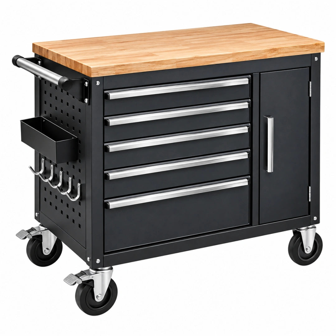 Chariot d'atelier 80 x 45 x 90 cm acier noir plateau en bois à roulettes 5 tiroirs