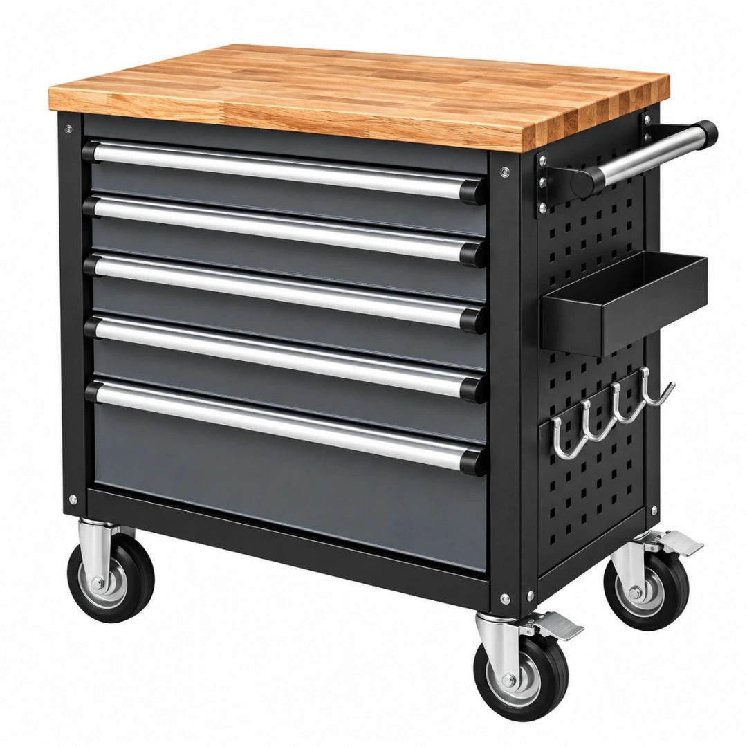 Servante d atelier 76 x 46 x 91 cm en acier noir avec plateau en bois et 6 tiroirs mobile