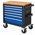 Servante d'atelier 80 x 46 x 96 cm en acier noir et bleu avec 7 tiroirs plateau en bois mobile