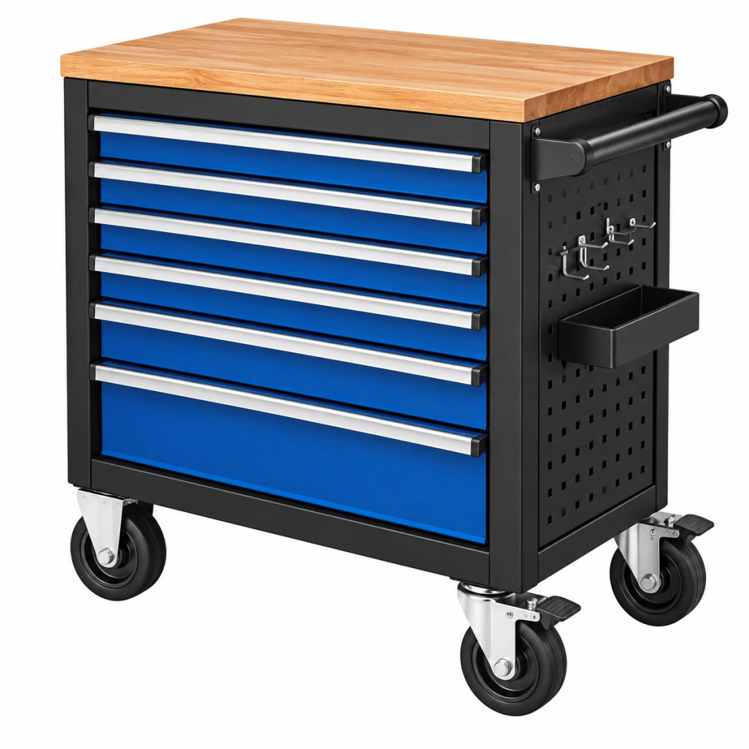 Servante d'atelier 80 x 46 x 96 cm en acier noir et bleu avec 7 tiroirs plateau en bois mobile