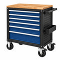 Servante d'atelier 78 x 46 x 97 cm en acier bleu et noir avec 7 tiroirs plateau en bois et roulettes