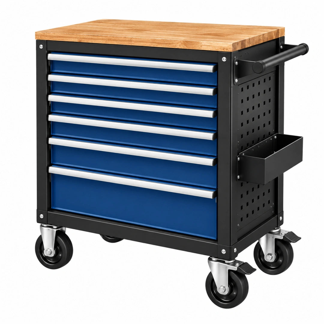 Servante d'atelier 78 x 46 x 97 cm en acier bleu et noir avec 7 tiroirs plateau en bois et roulettes
