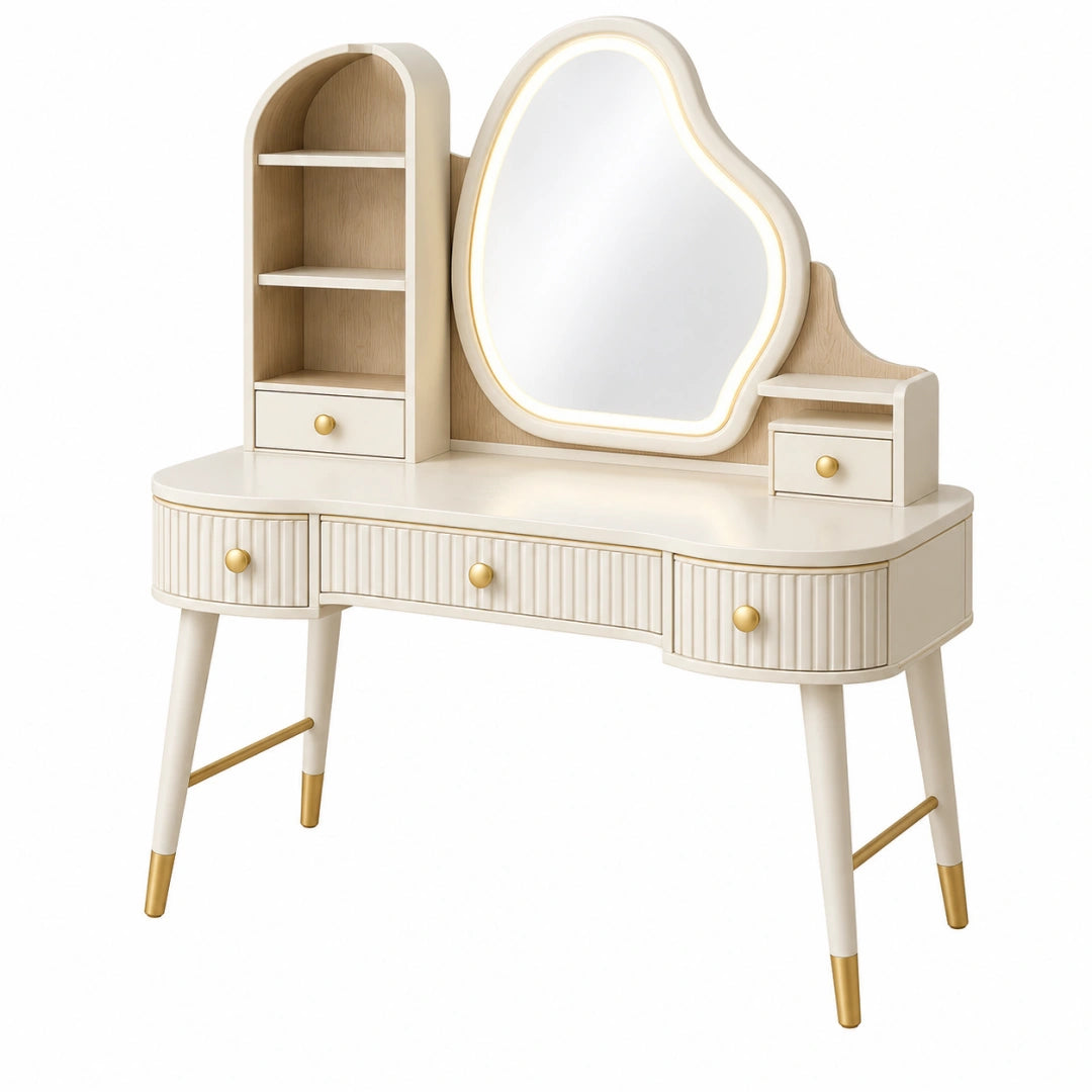 Coiffeuse 120 cm en panneaux de bois blanc et beige avec miroir lumineux et rangements style moderne