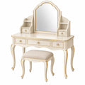 Coiffeuse 120 x 45 x 145 cm en bois crème doré avec miroir et tabouret style classique