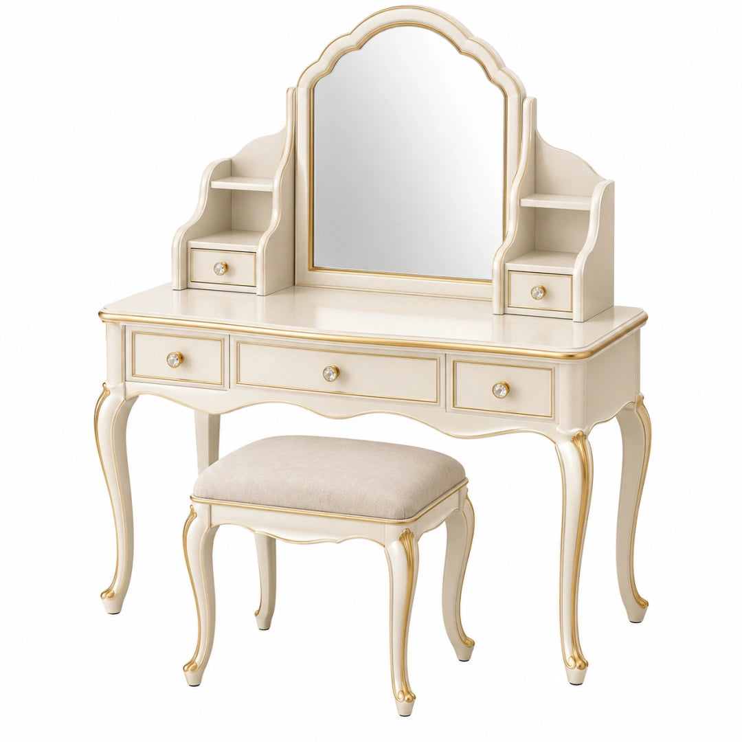 Coiffeuse 120 x 45 x 145 cm en bois crème doré avec miroir et tabouret style classique