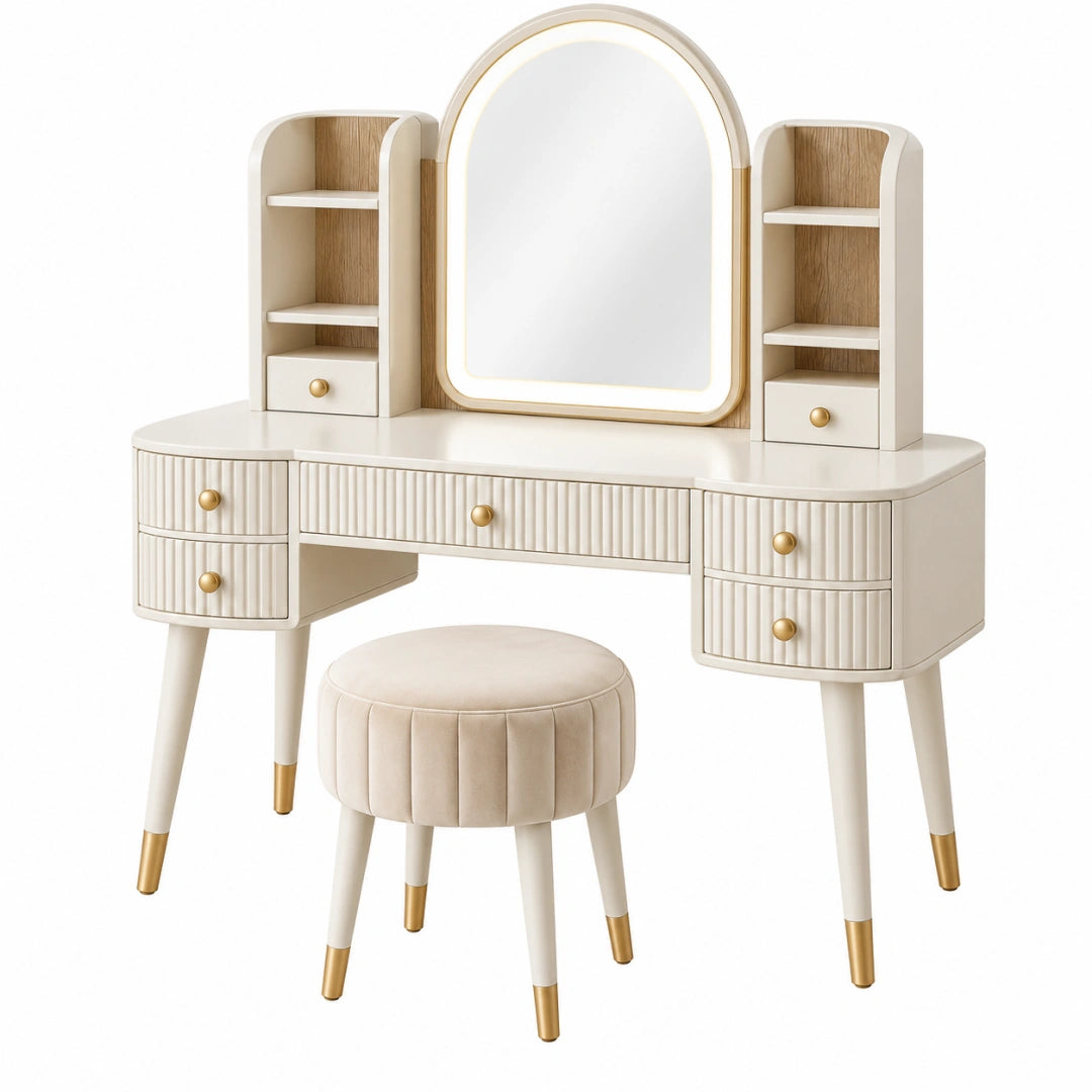 Coiffeuse 120 x 45 x 145 cm en bois ivoire avec miroir et rangements style contemporain