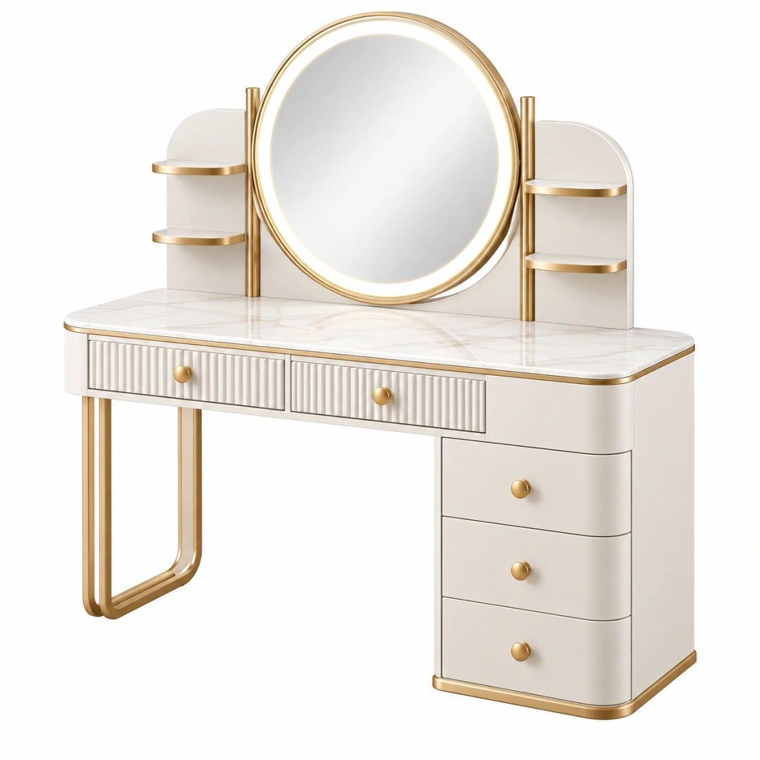 Coiffeuse 120 x 45 x 145 cm blanche et dorée avec miroir rond rangement et style moderne