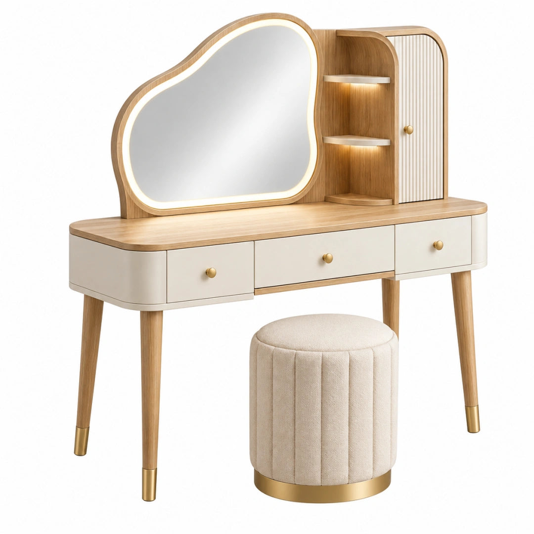 Coiffeuse avec tabouret 120 x 45 x 145 cm bois beige style contemporain avec miroir éclairé
