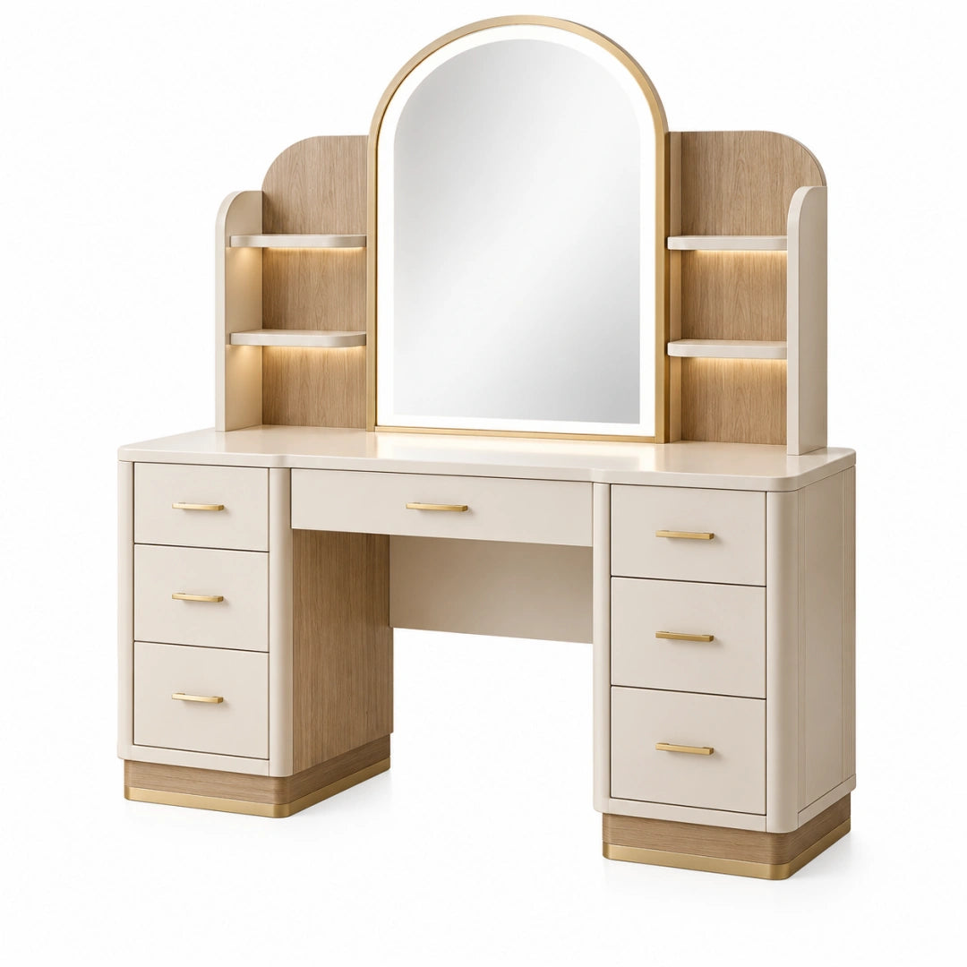 Coiffeuse 120 cm en panneaux de bois blanc et chêne avec miroir éclairé et rangements