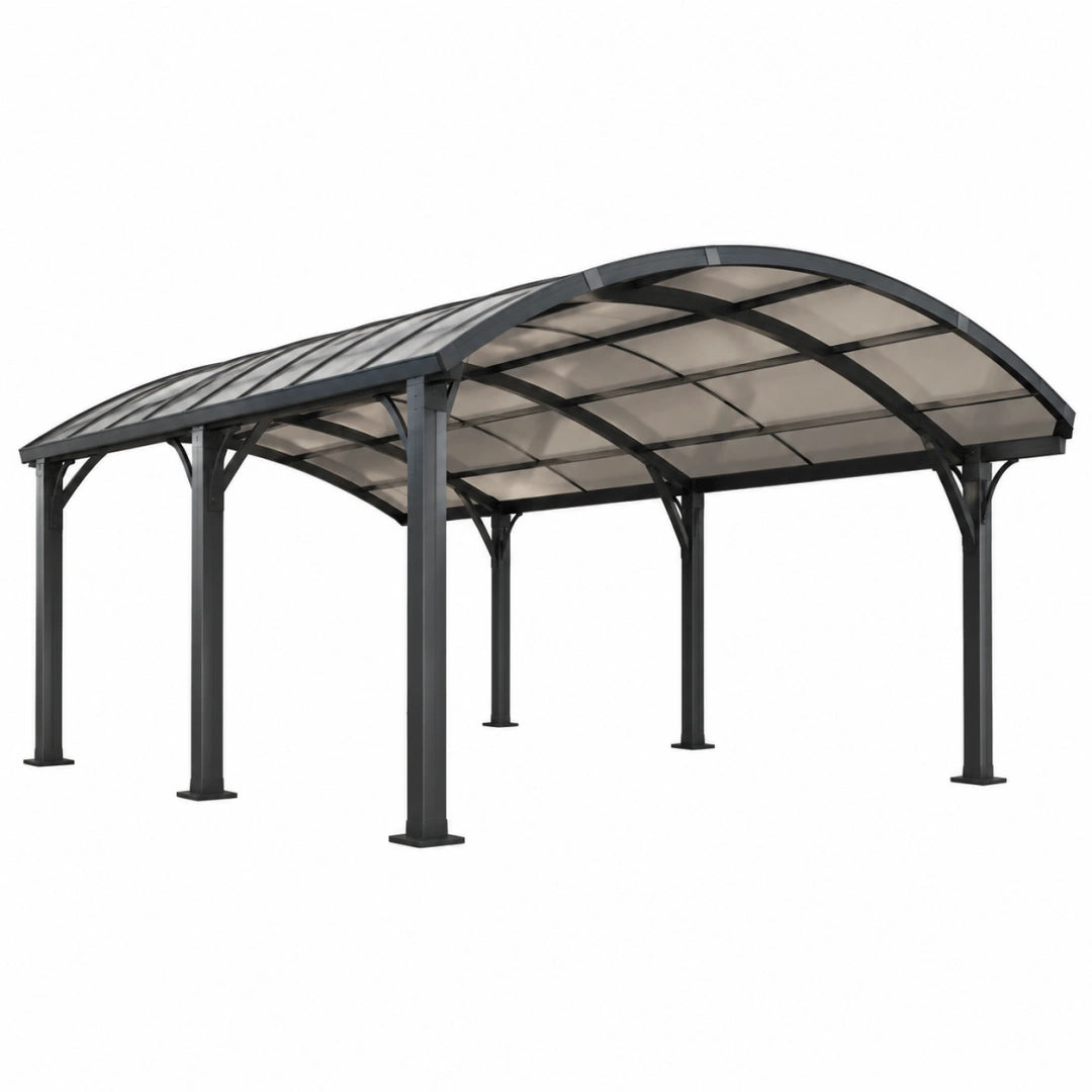 Abri voiture 600 x 300 cm en acier noir avec toit en polycarbonate cintré
