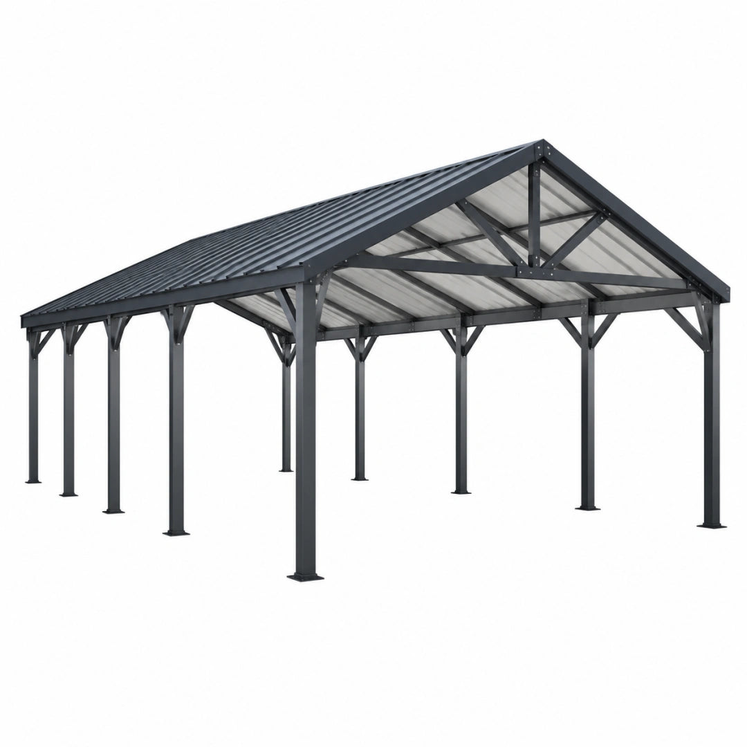 Abri voiture 600 x 300 x 270 cm en acier noir avec toit à double pente