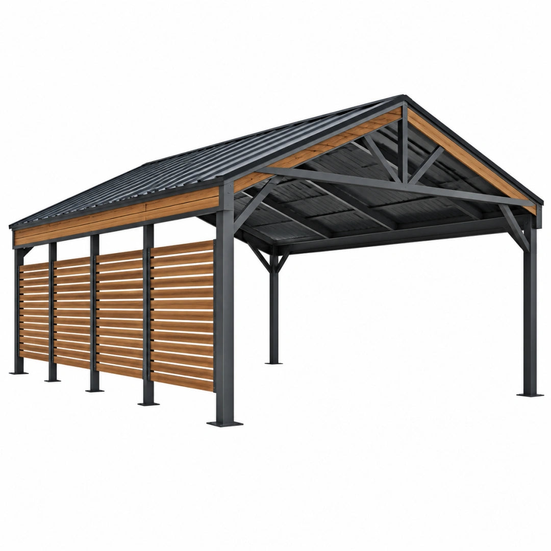 Carport 600 x 300 x 260 cm en acier et bois noir marron avec toit métallique