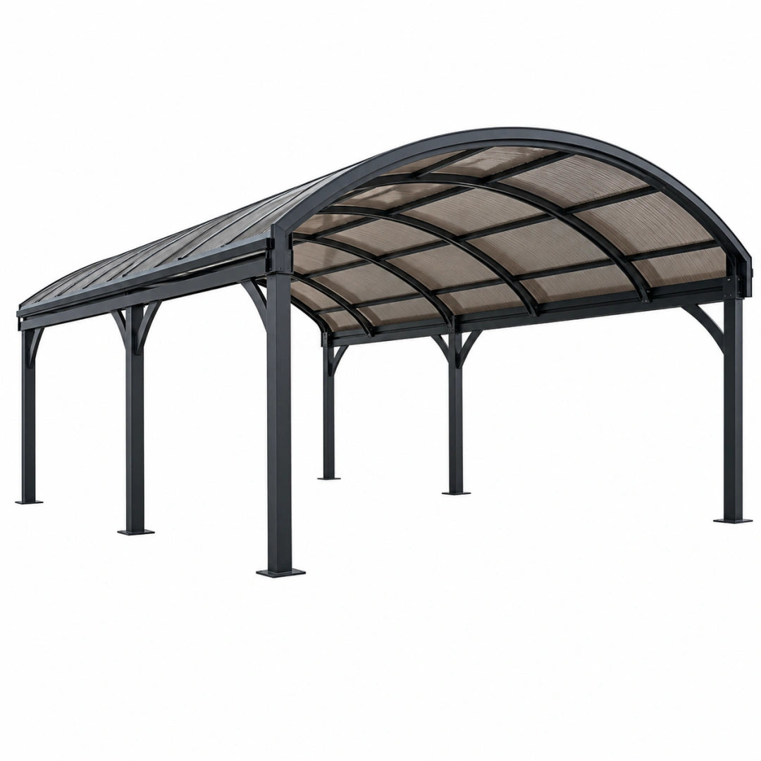 Abri voiture 500 x 300 x 250 cm en acier noir avec toit incurvé en polycarbonate fumé