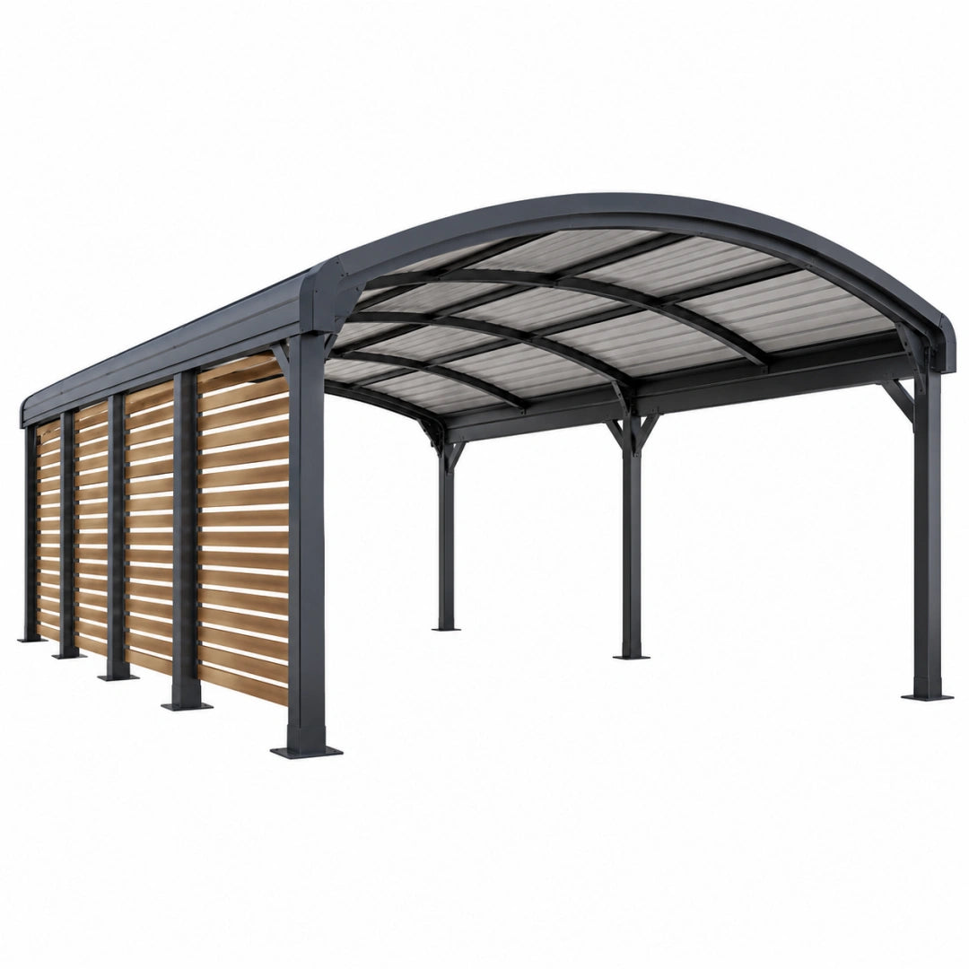 Abri voiture 500 x 300 x 240 cm en acier noir avec toit en polycarbonate et claustra en bois - structure extérieure arquée
