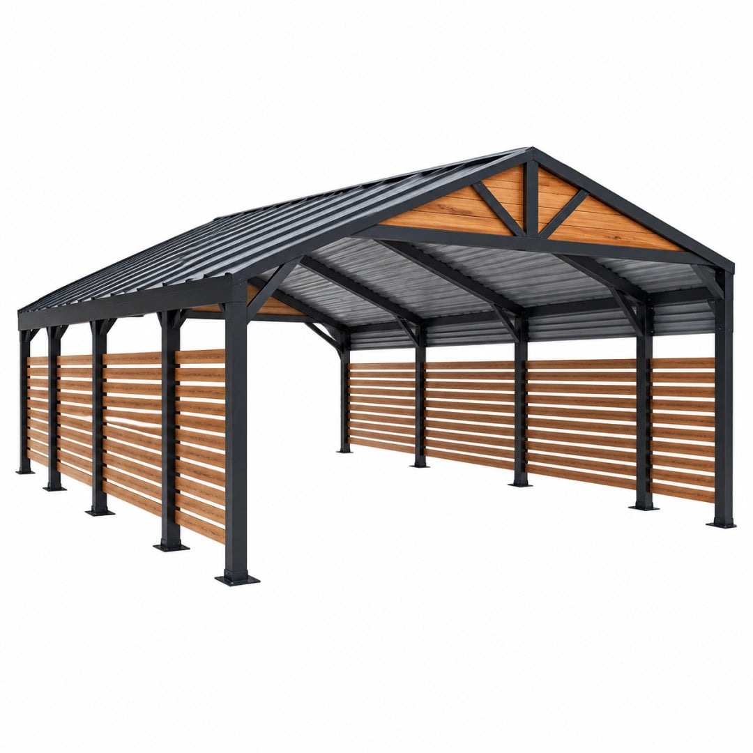 Carport 600 x 300 x 270 cm en acier noir et bois avec toiture nervurée