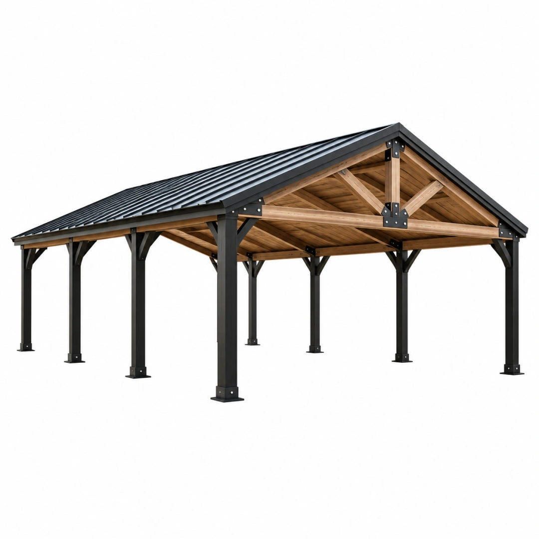 Abri voiture 600 x 300 x 300 cm en bois et métal noir avec toit incliné