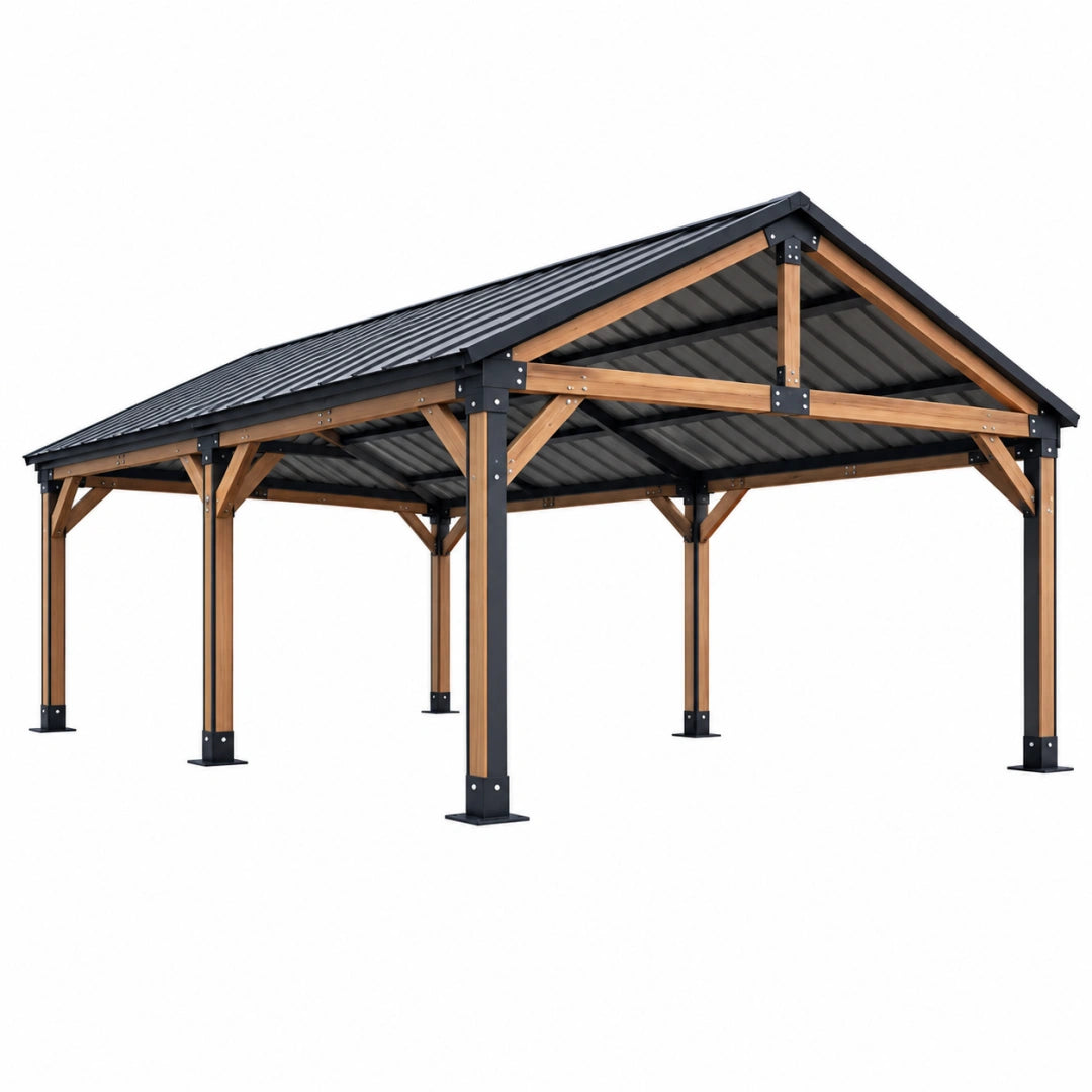 Abri voiture 600 x 300 x 280 cm en bois et métal noir avec toit incliné