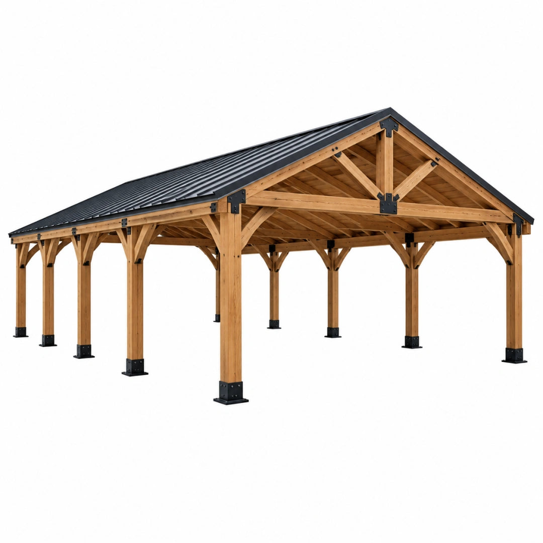 Carport 600 x 400 x 300 cm en bois naturel avec toiture métallique anthracite