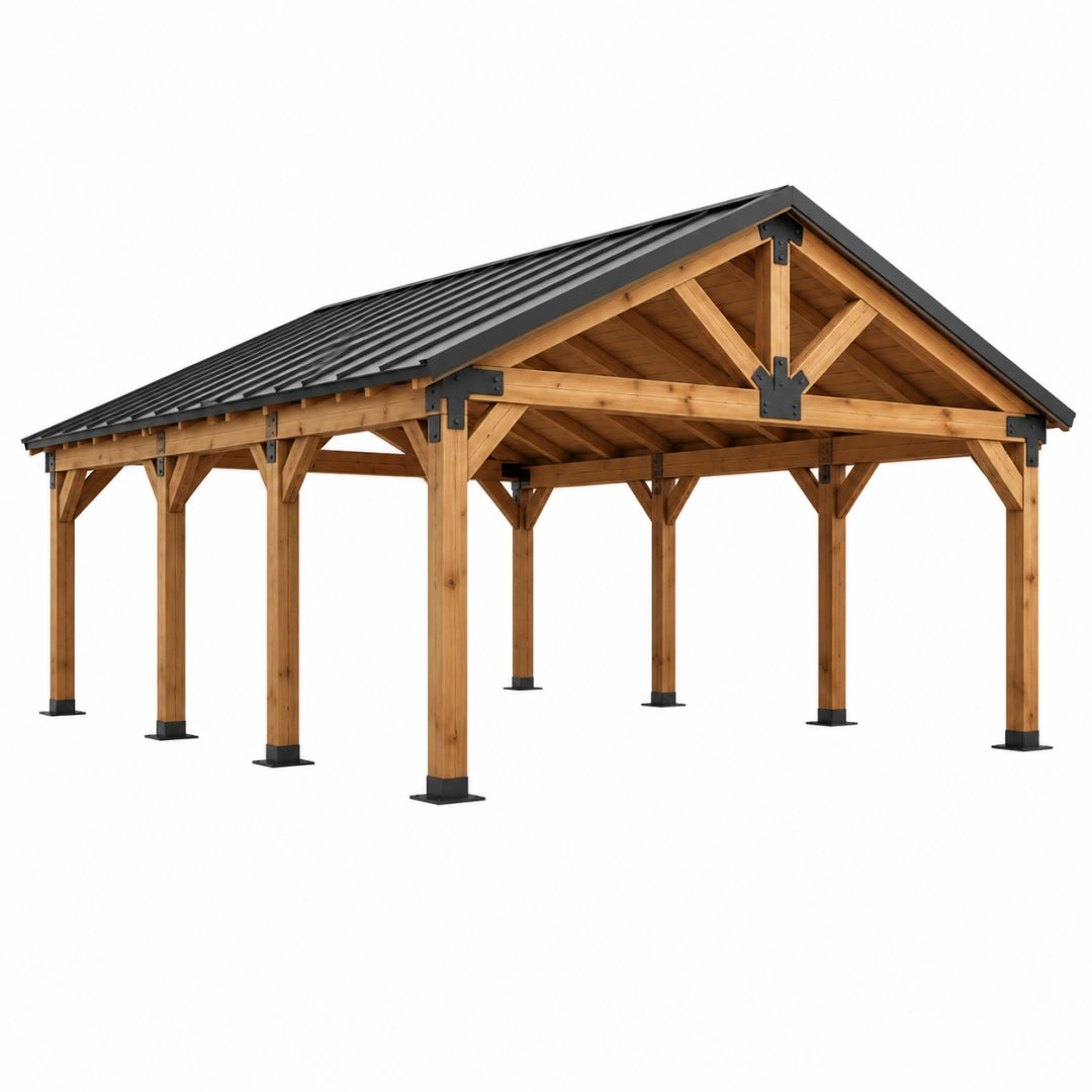 Abri de voiture 600 x 360 cm en bois marron avec toiture métallique noire
