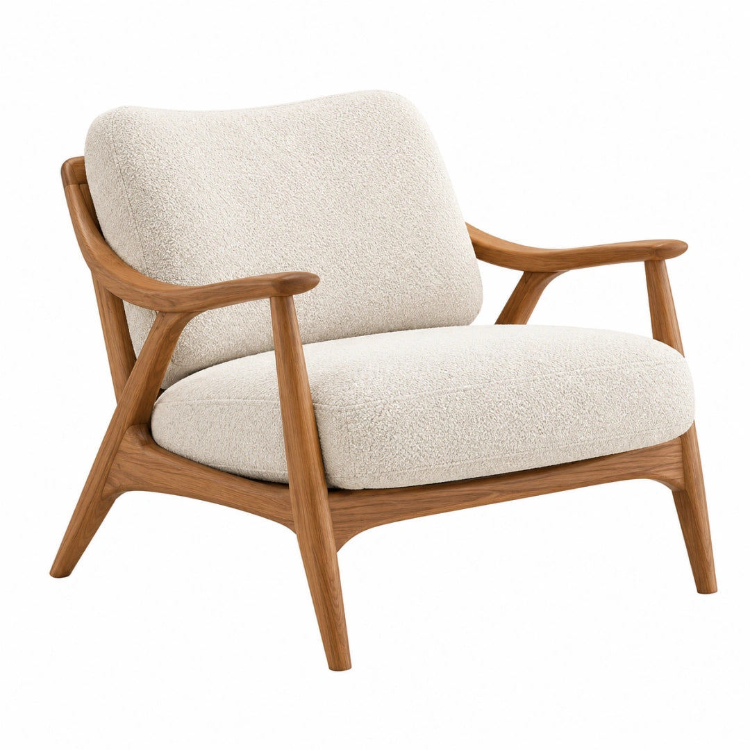 Fauteuil 75 x 82 x 80 cm en bois et tissu bouclette écru style contemporain