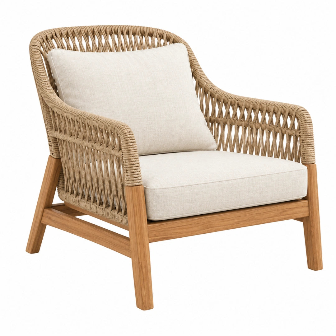 Fauteuil 75 x 80 x 84 cm en bois et corde tressée beige style naturel avec coussins
