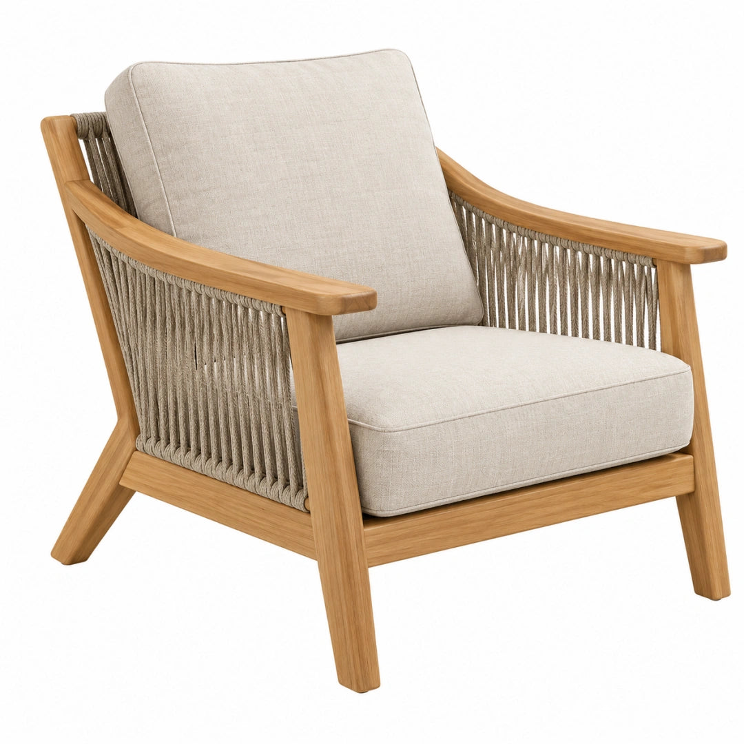 Fauteuil 76 x 82 x 82 cm en bois naturel et corde taupe avec assise textile style contemporain