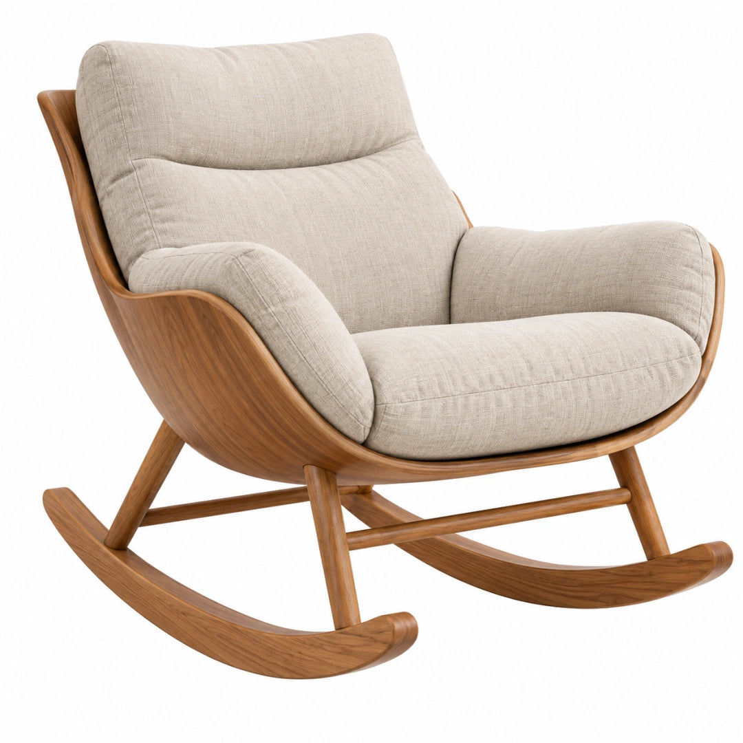 Fauteuil à bascule 90 x 80 x 100 cm en tissu beige et bois brun style scandinave