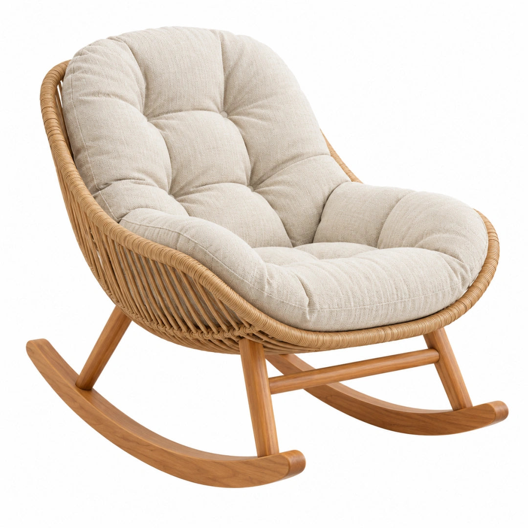 Fauteuil à bascule 100 x 78 x 98 cm en rotin bois et tissu beige style naturel
