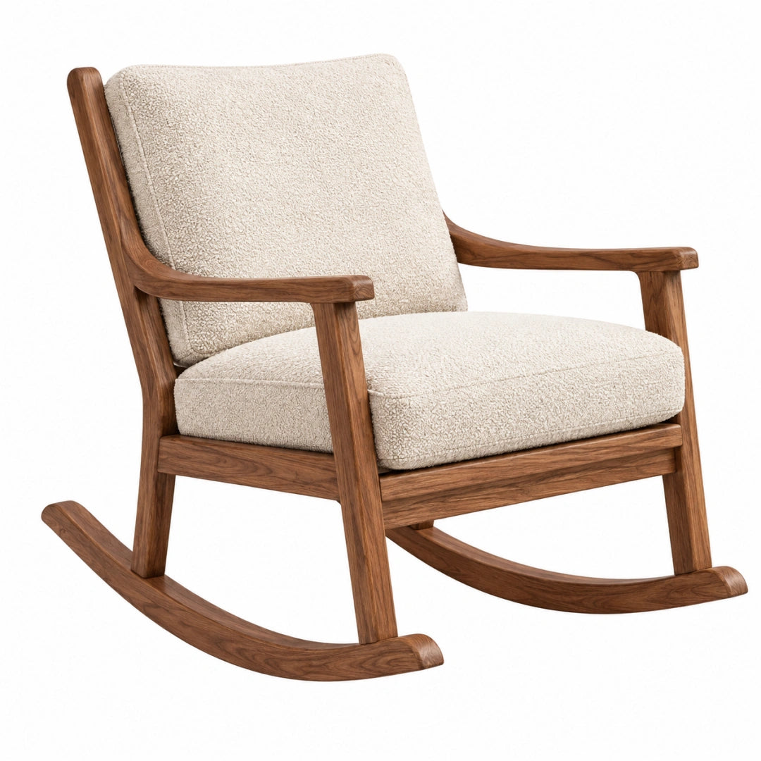 Fauteuil à bascule 70 x 90 x 100 cm en bois brun et tissu bouclette écru style scandinave
