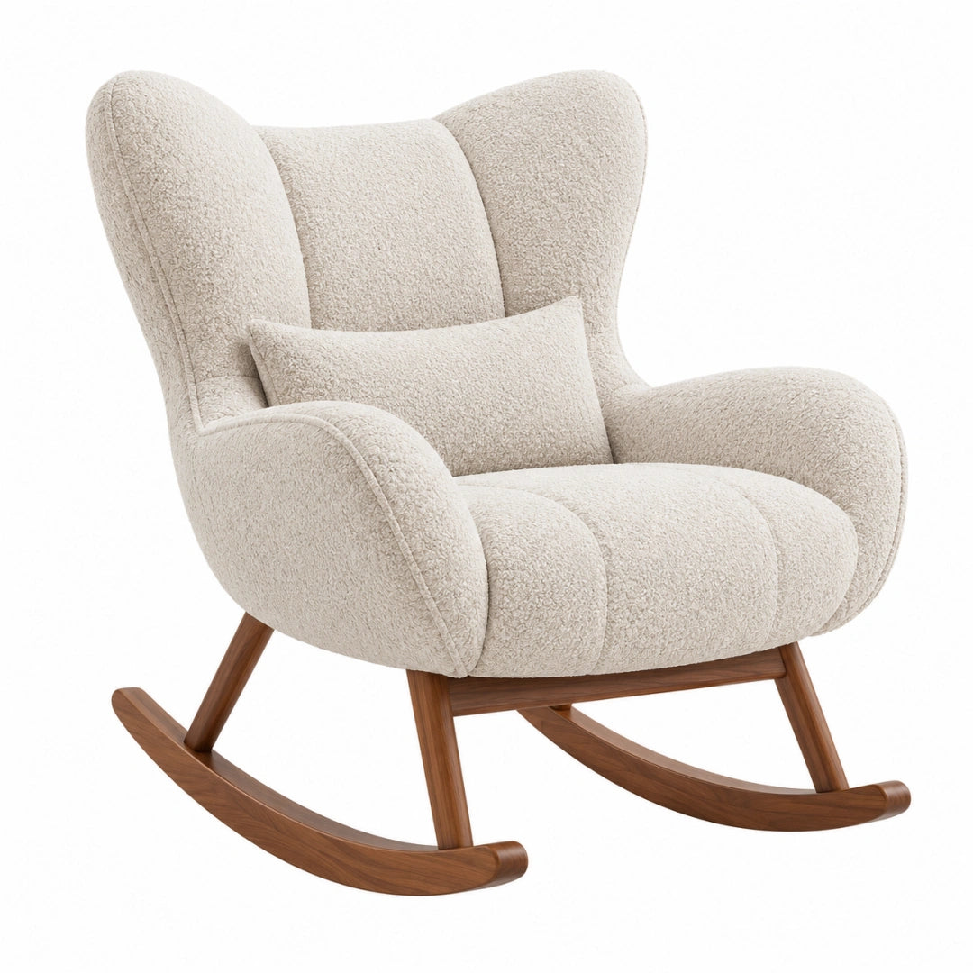 Fauteuil à bascule 75 x 90 x 100 cm en tissu bouclette beige et bois style scandinave