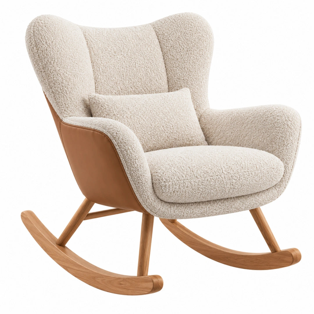 Fauteuil à bascule 110 x 75 x 105 cm bouclette écru et effet cuir marron style contemporain