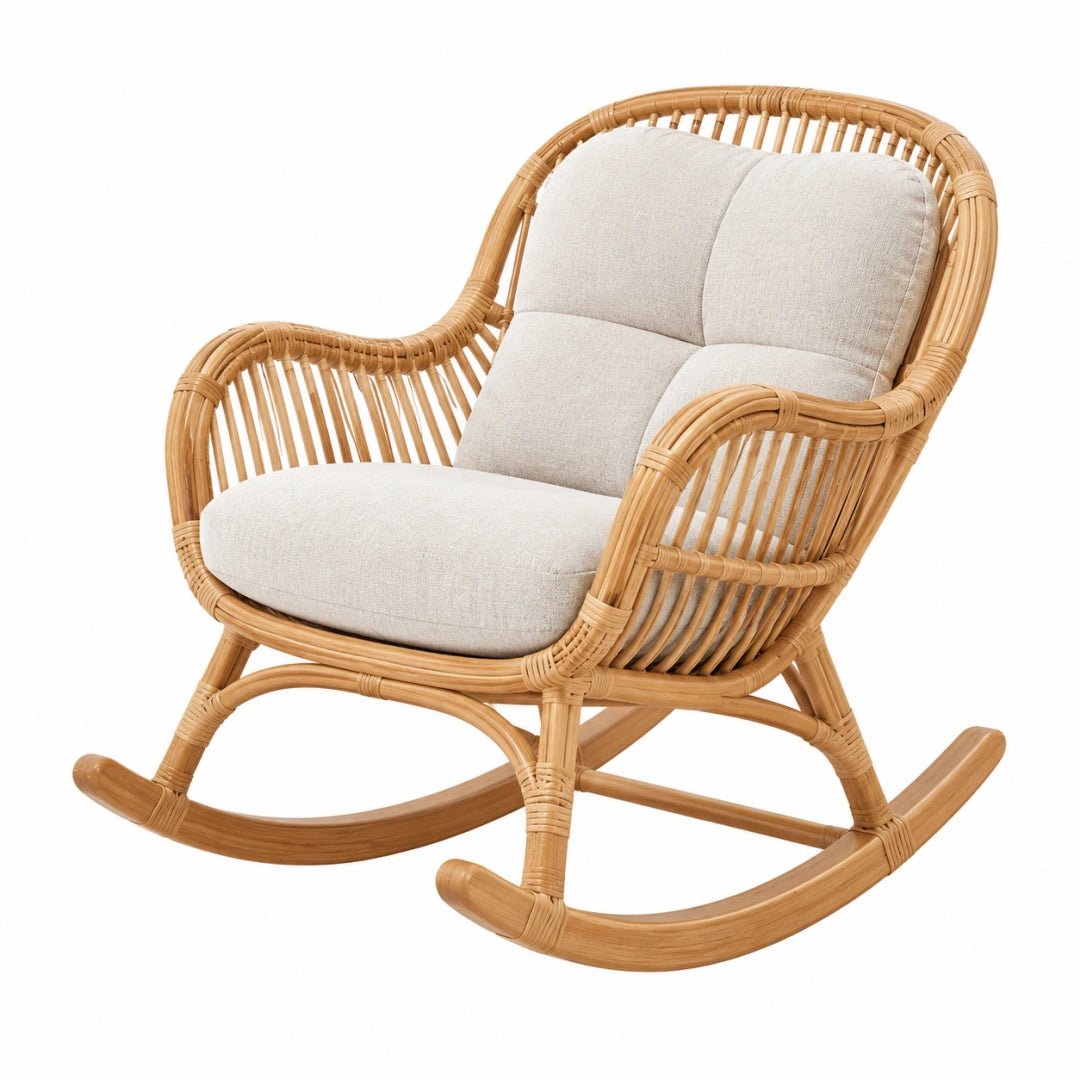 Fauteuil à bascule 98 x 72 x 102 cm en rotin naturel avec assise rembourrée style bohème