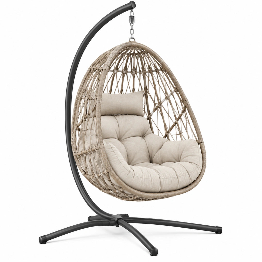 Fauteuil suspendu 105 x 105 x 195 cm en fibres tressées beige avec support acier noir style bohème