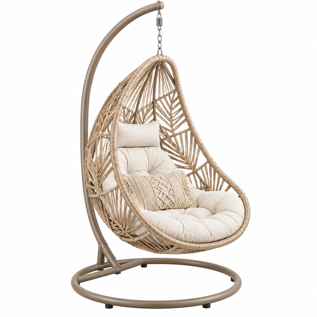 Fauteuil suspendu 105 x 105 x 195 cm en rotin beige avec support métal style bohème