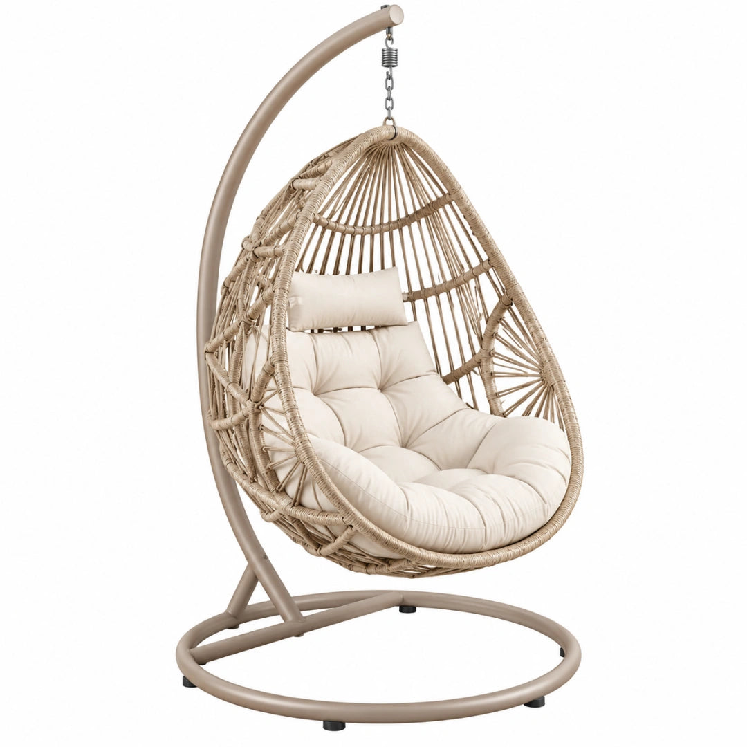 Fauteuil suspendu 105 x 105 x 195 cm en métal et rotin synthétique beige avec support