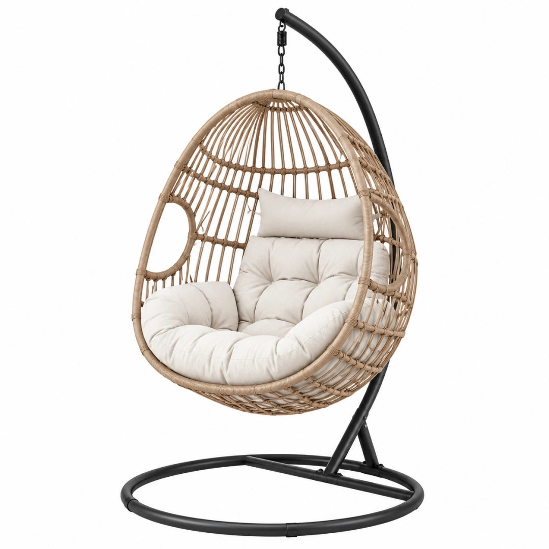 Fauteuil suspendu 105 x 105 x 195 cm en rotin synthétique naturel avec support acier noir