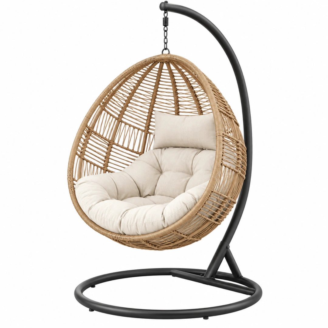 Fauteuil suspendu 105 x 105 x 195 cm en rotin tressé beige avec support en métal noir style bohème