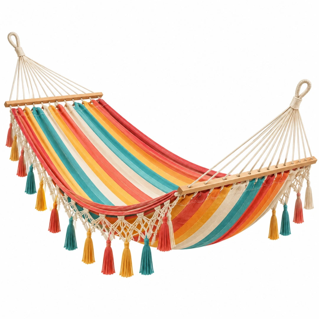 Hamac 200 x 80 cm en coton multicolore avec barres en bois et franges décoratives